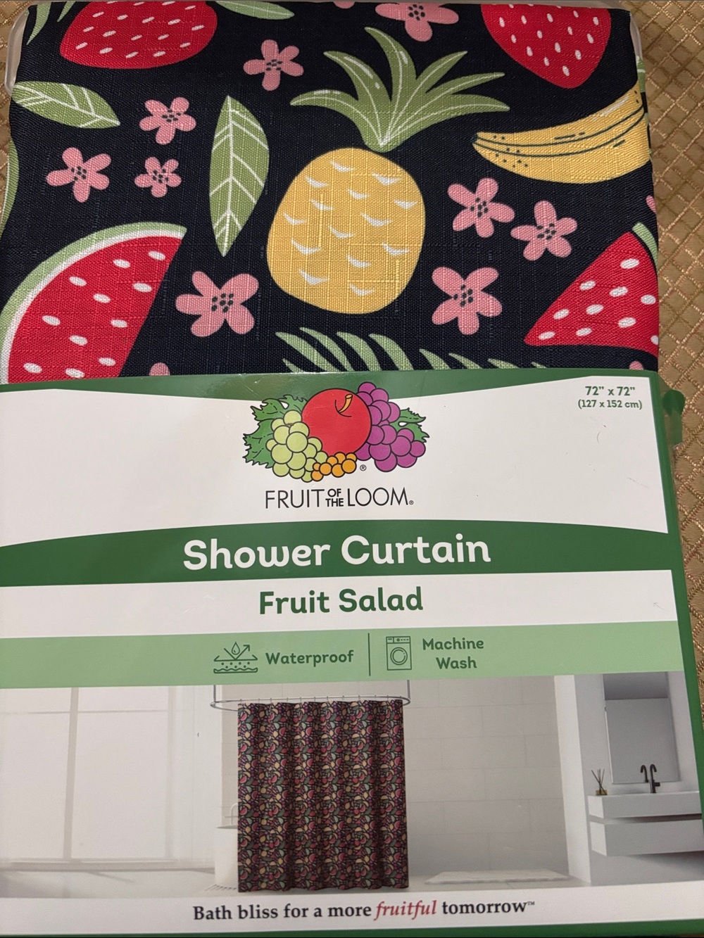 Fruit of the Loom Fruit Salad Shower Curtain - Black with Multicolor Fruit Print